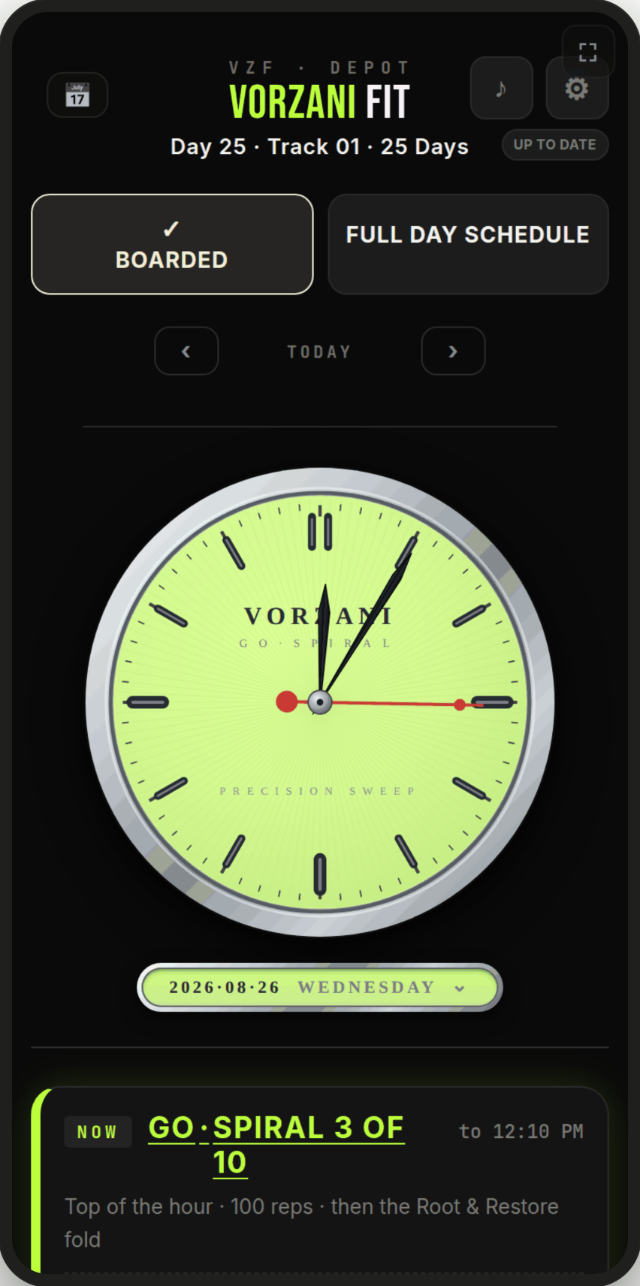 VORZANI Fit app — the clock face on day 25 of a 25-day track
