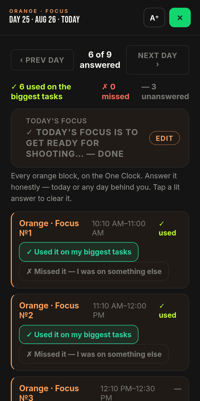 VORZANI Fit app — Orange · Focus block