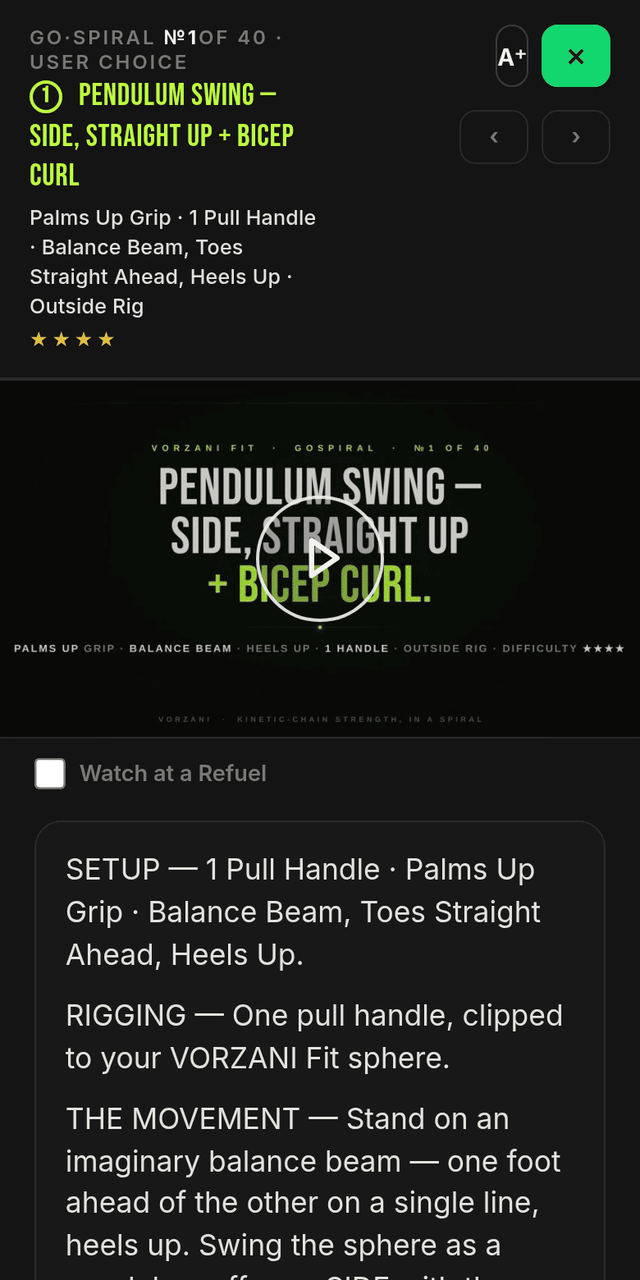 VORZANI Fit app — Pendulum Swing, coached with video