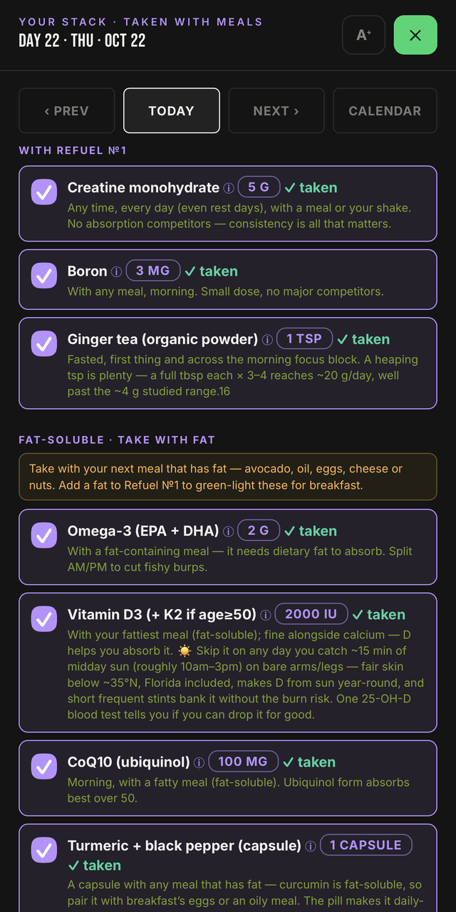 VORZANI Fit app — your stack, taken with meals