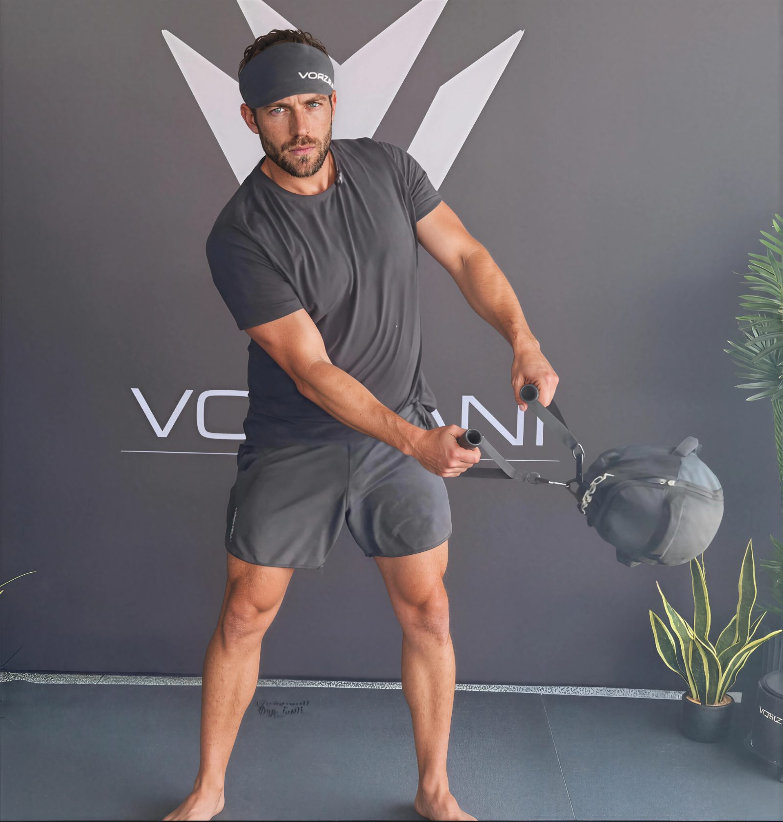 Athlete mid pendulum swing in front of the VORZANI wall