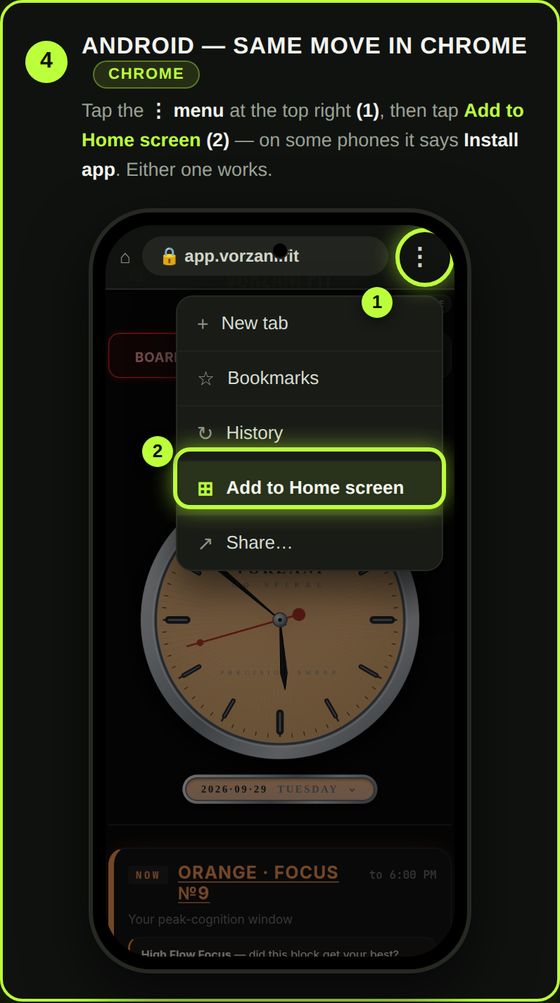 Step 4 — Android: menu, then Add to Home screen